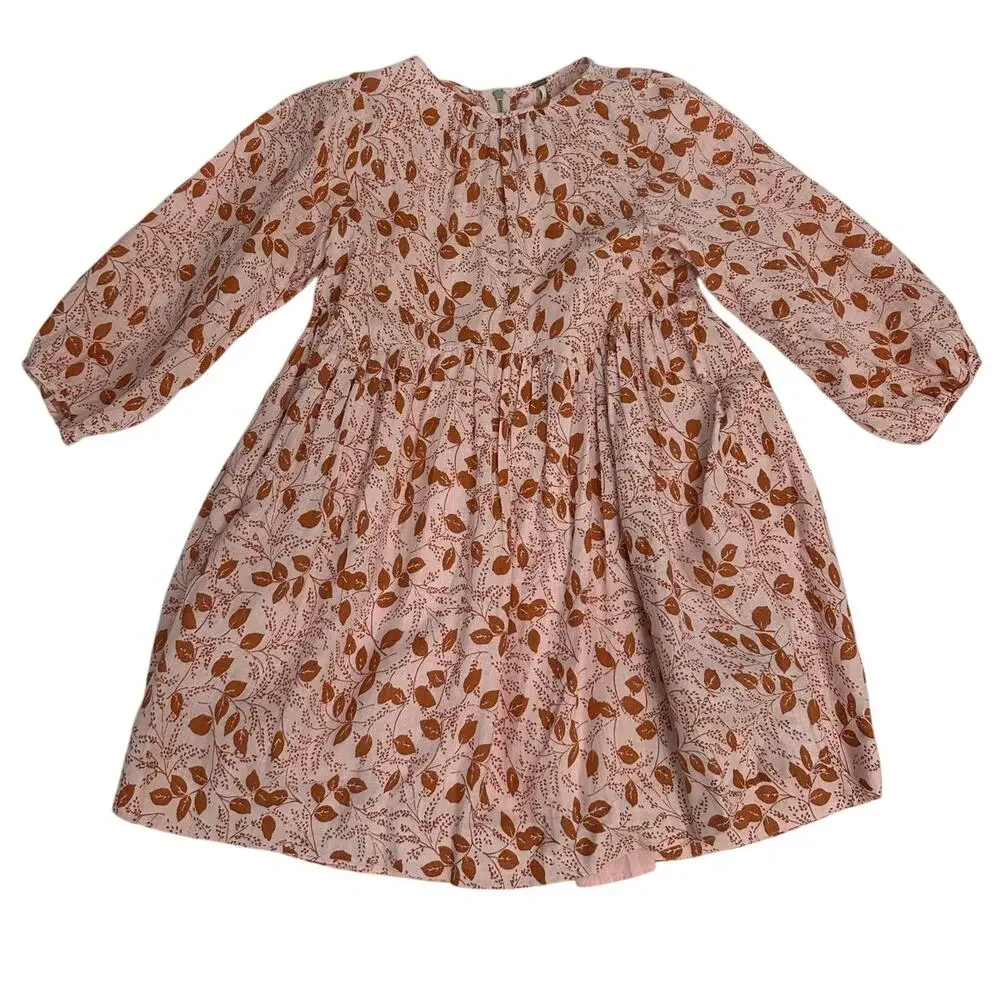 Free People Mini Dress Paper Hearts Pink Linen Long Sleeve Empire Waist
